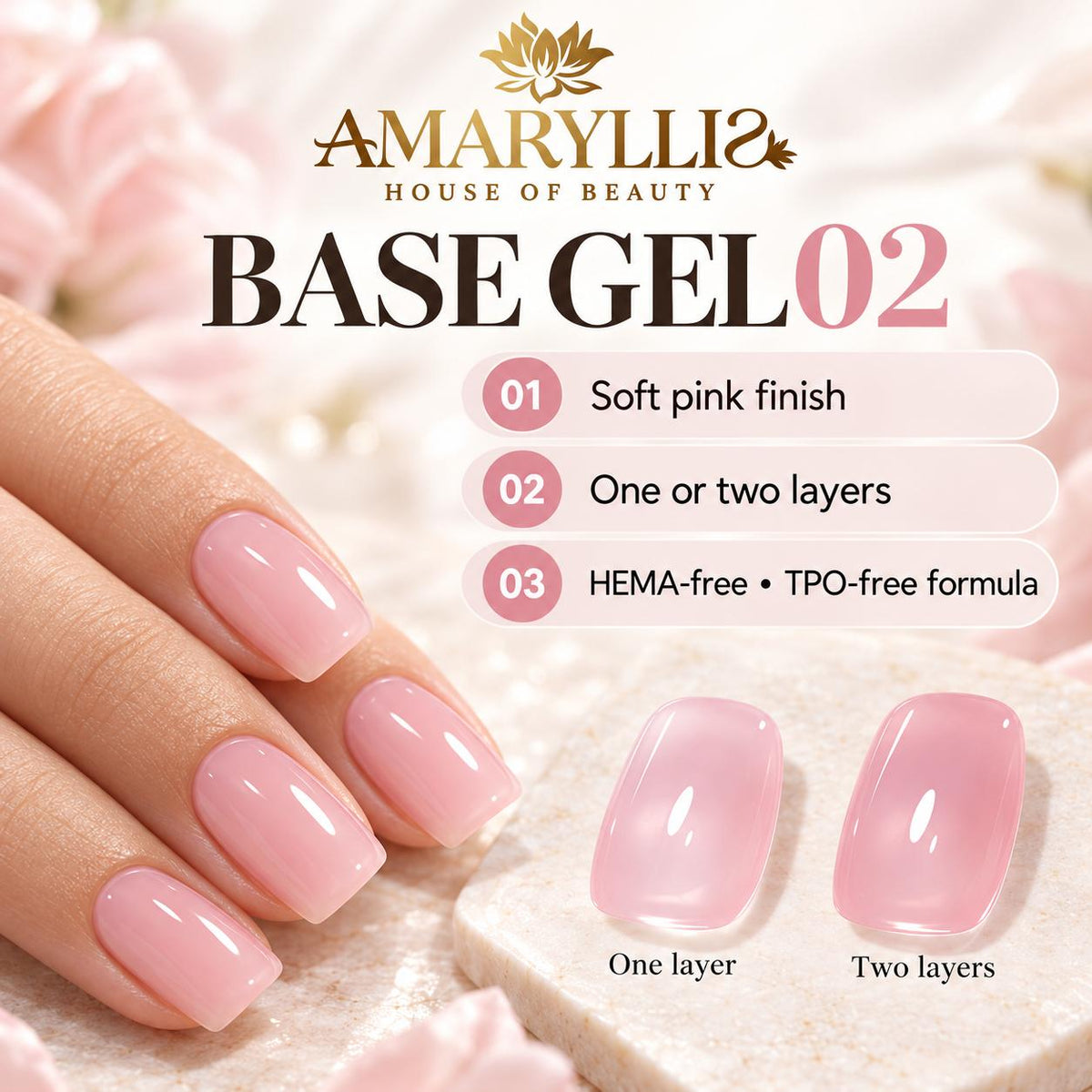 Amaryllis House of Beauty Base Gel 02 Soft Pink HEMA-Free TPO-Free Soak-Off UVLED 15ml Nail Nail Art