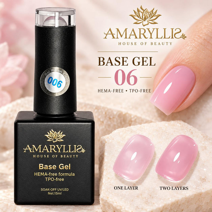 Amaryllis House of Beauty Base Gel 06 Blush Pink, HEMA-Free & TPO-Free, Soak-Off UV/LED Nail Base Coat, 15 mL Glossy Nail Art