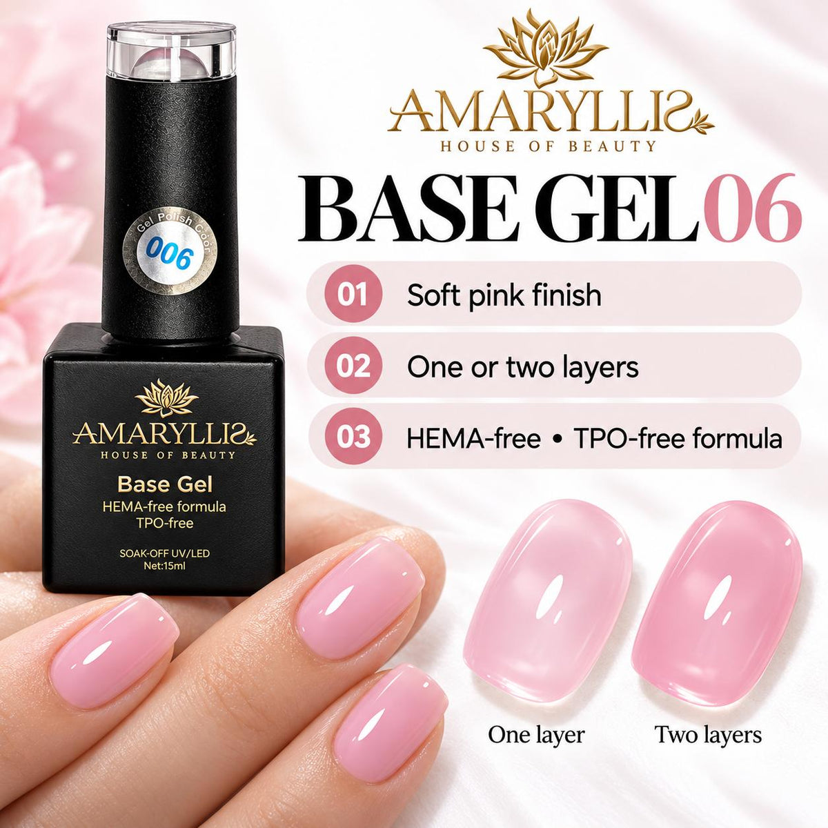 Amaryllis House of Beauty Base Gel 06 Blush Pink, HEMA-Free & TPO-Free, Soak-Off UV/LED Nail Base Coat, 15 mL Glossy Nail Art