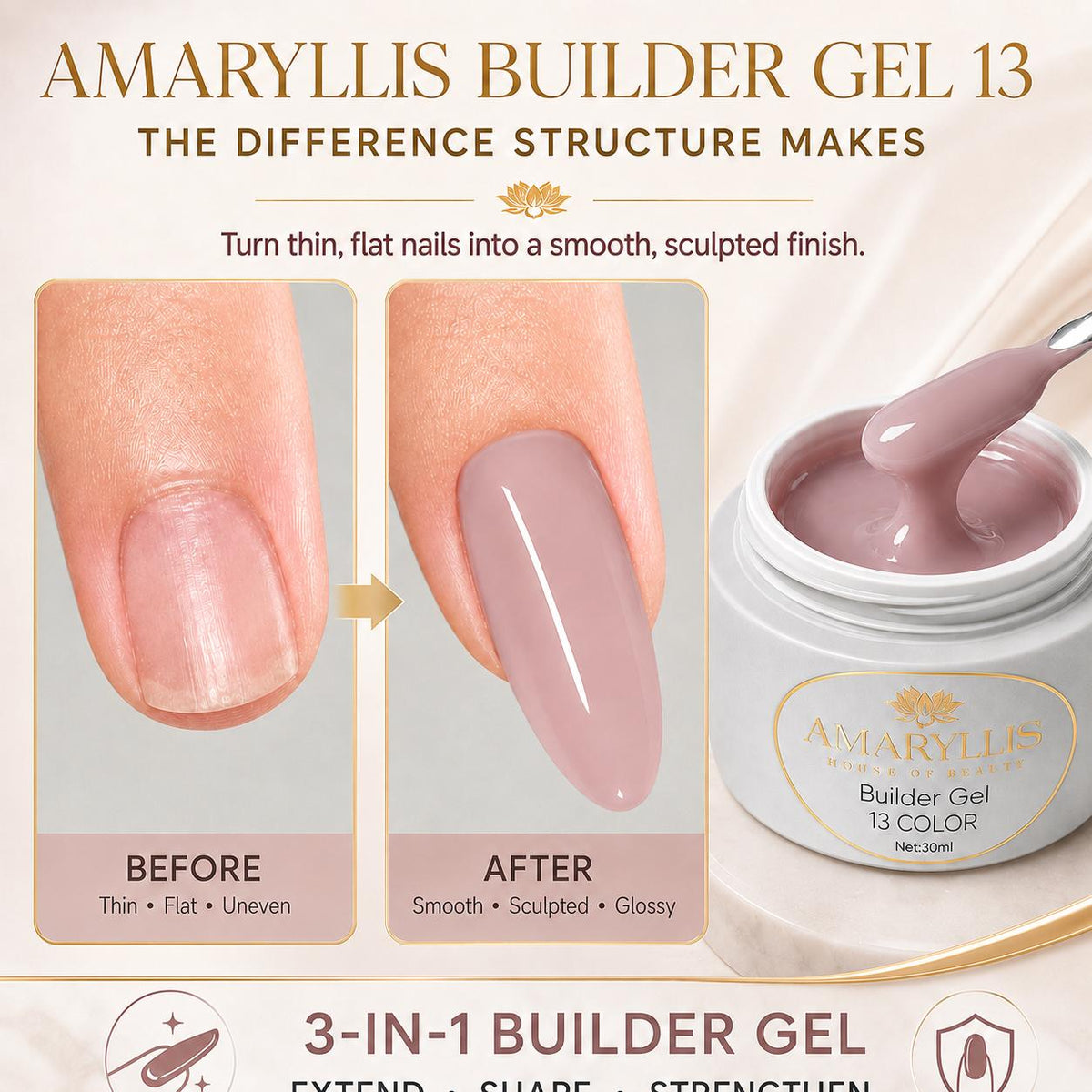 Amaryllis House of Beauty Builder Gel for Nails, Rosewood Nude #13, 30 mL