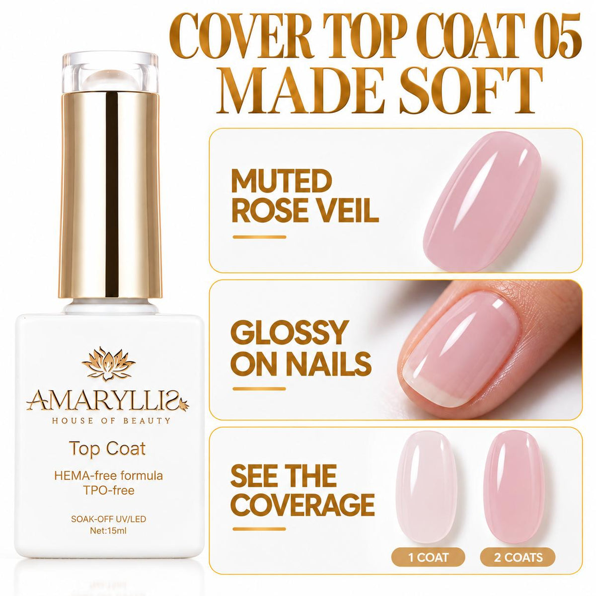 Amaryllis House of Beauty Cover Top Coat 05, Tinted UV/LED Gel Nail Top Coat, 15 mL