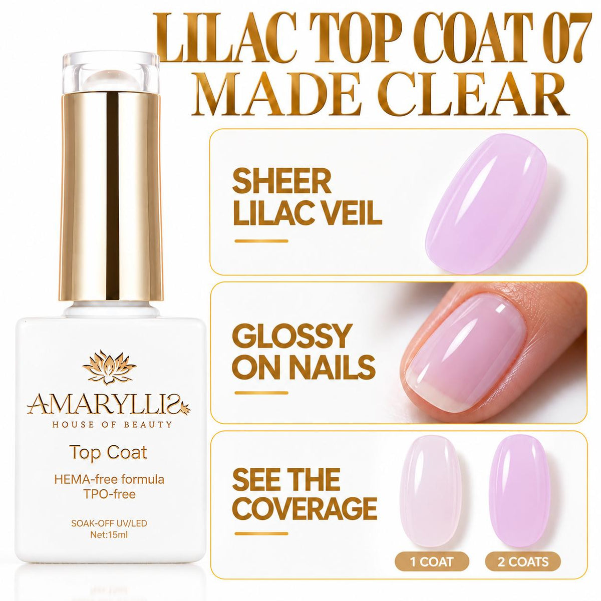 Amaryllis House of Beauty Lilac Top Coat 07, Tinted UV/LED Gel Nail Top Coat, 15 mL