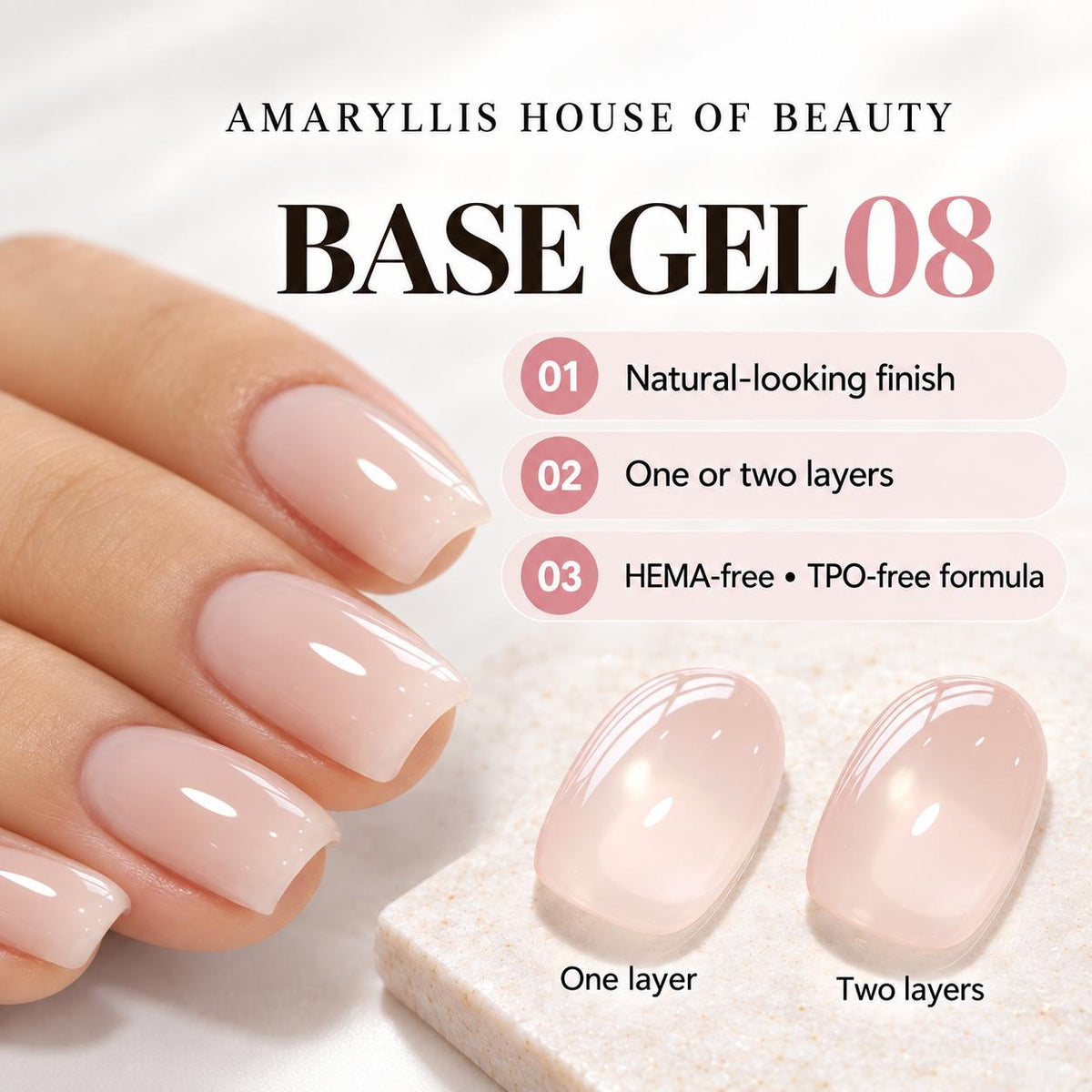 Amaryllis House of Beauty Rubber Base Gel 08, HEMA-Free & TPO-Free, Soak-Off UV/LED Nail Base Coat, 15 mL