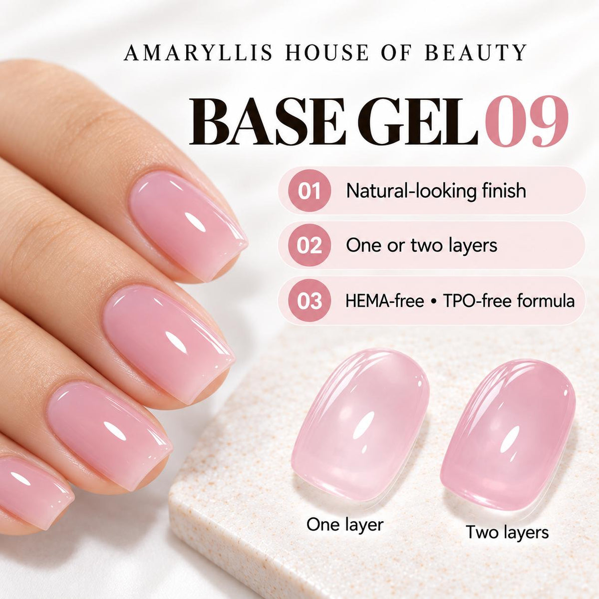 Amaryllis House of Beauty Rubber Base Gel 09, HEMA-Free & TPO-Free, Soak-Off UV/LED Nail Base Coat, 15 mL