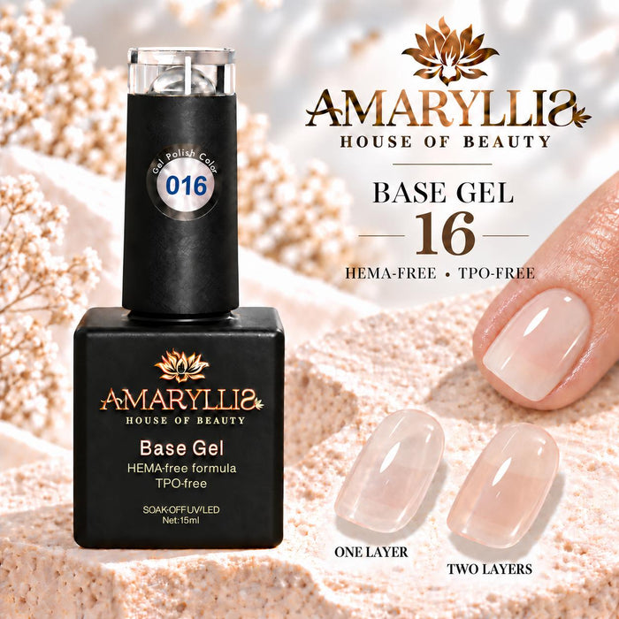 Amaryllis House of Beauty Rubber Base Gel 16, HEMA-Free & TPO-Free, Soak-Off UV/LED Nail Base Coat, 15 mL