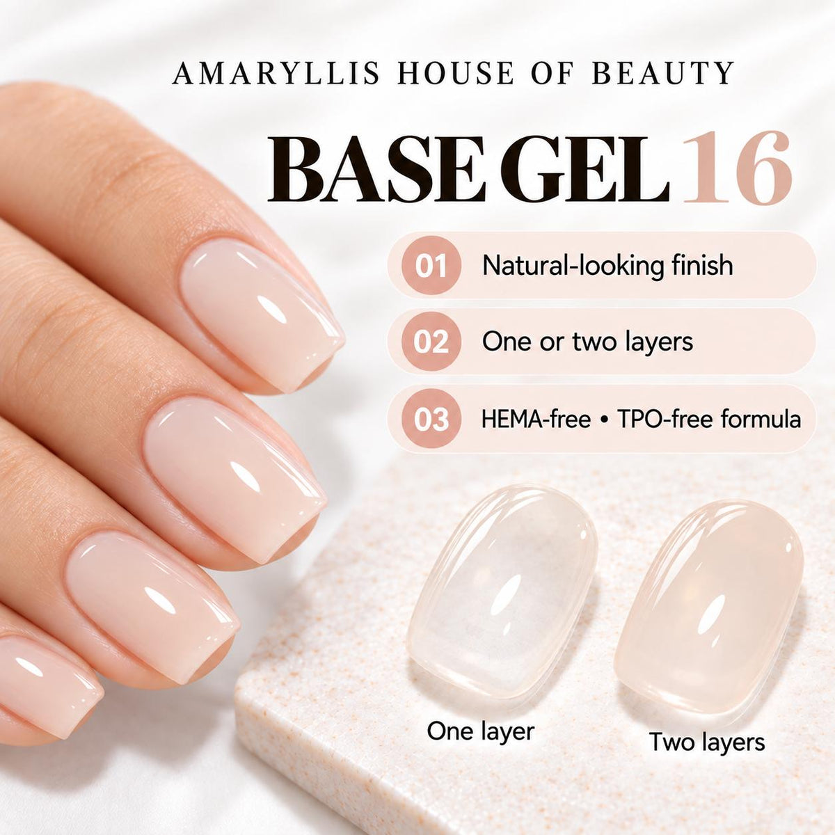 Amaryllis House of Beauty Rubber Base Gel 16, HEMA-Free & TPO-Free, Soak-Off UV/LED Nail Base Coat, 15 mL