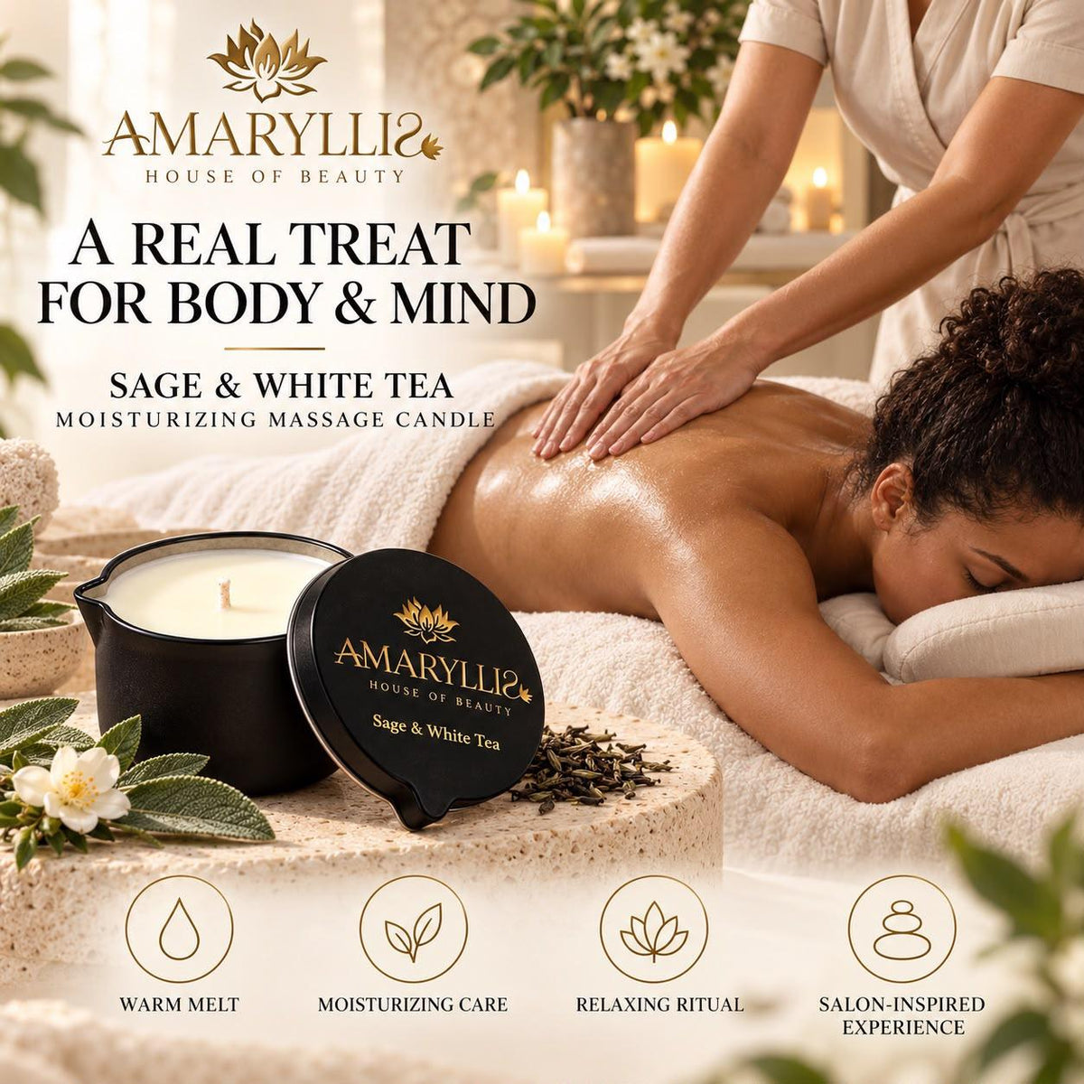 Amaryllis Sage & White Tea Moisturizing Massage Candle for Hands & Feet
