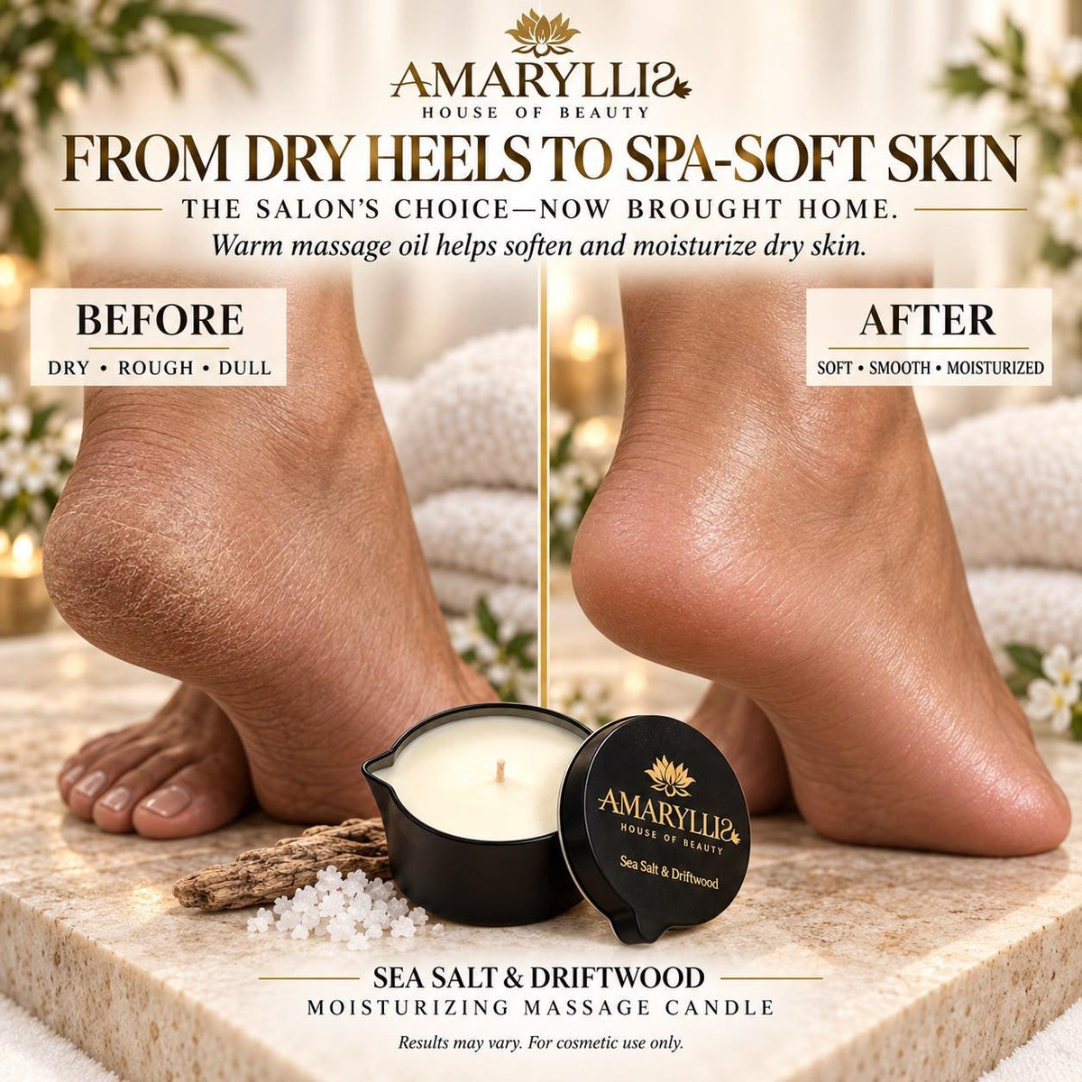 Amaryllis Sea Salt & Driftwood Moisturizing Massage Candle for Hands & Feet